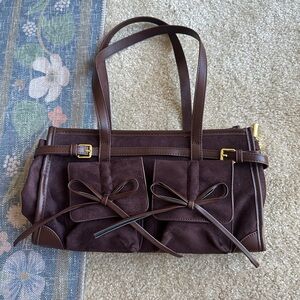 Women’s Brown Faux Suede and Leather Shoulder Purse With Bow Detail